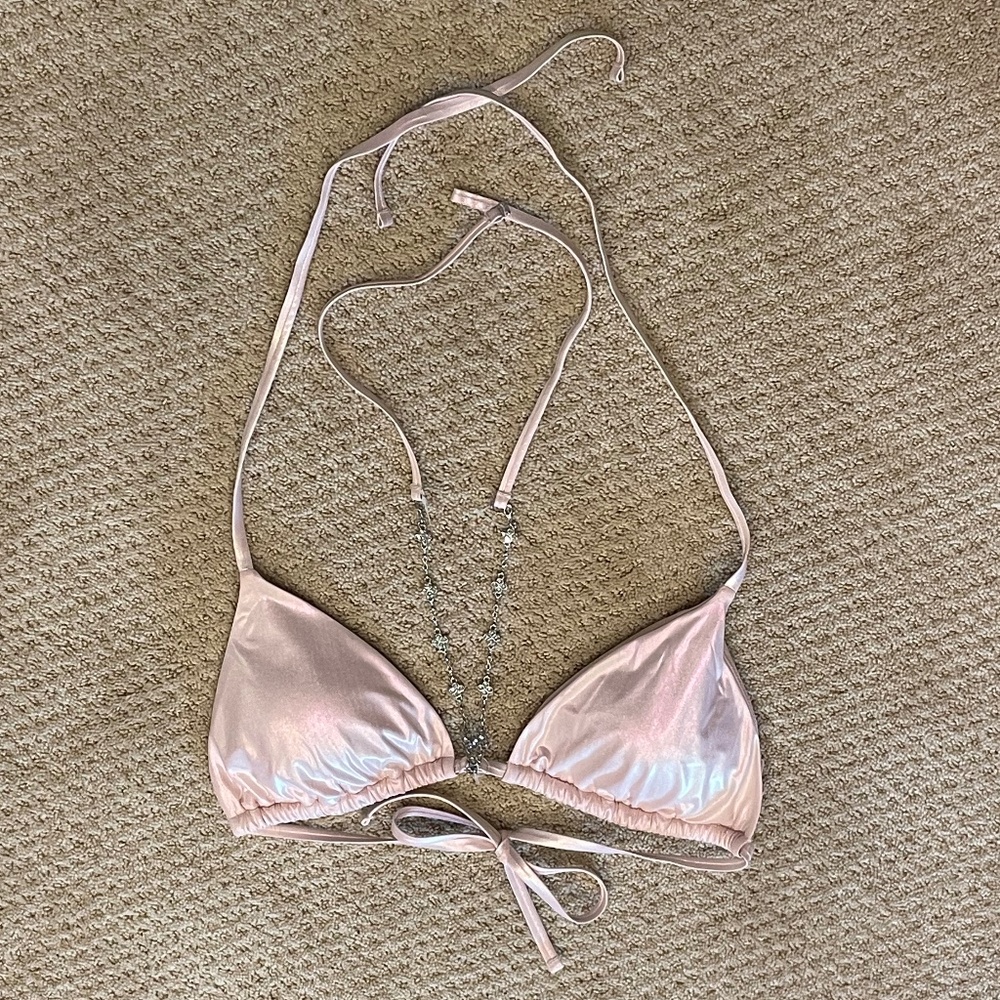 L/XL Triangle Halter neck bikini top with liquid holographic glow, rhinestones